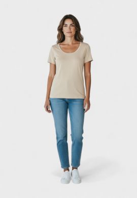 Φανελάκι Γυναικείο Βαμβακερό Eleana με Κοντό Μανίκι & Σατέν Ρέλι Μπεζ