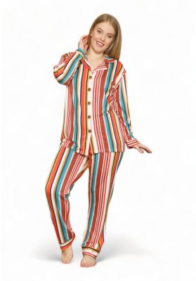 Πιτζαμα Γυναικεια Plus Size Με Κουμπια Colorful